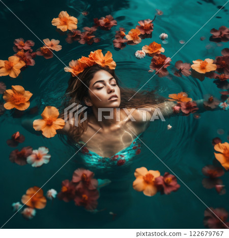 Beautiful woman swimming in water surrounded by tropical flowers 122679767