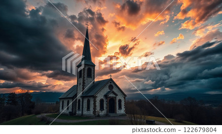 Lonely church standing on a hill at sunset with dramatic sky 122679804