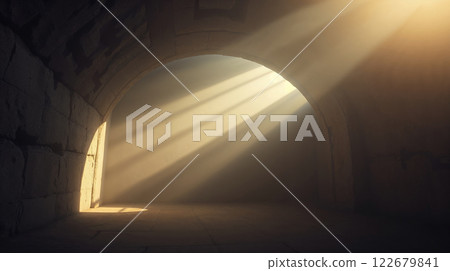 Sunbeams illuminating dusty ancient stone archway creating atmospheric scene 122679841