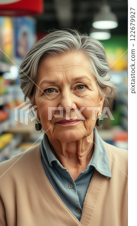 Portrait of a middle-aged woman in a supermarket Portrait of a middle-aged woman in a supermarket 122679927