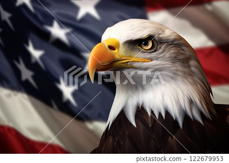 Bald Eagle over the flag of United States of America. Ai Generative 122679953