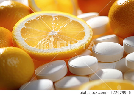 Lemon slices and Vitamin C tablets. Health concept. Ai Generative 122679966