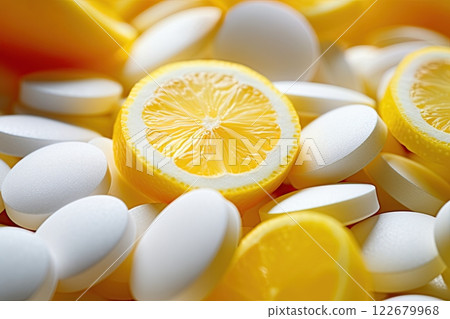 Lemon slices and Vitamin C tablets. Health concept. Ai Generative 122679968