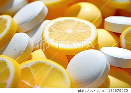 Lemon slices and Vitamin C tablets. Health concept. Ai Generative 122679970