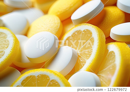 Lemon slices and Vitamin C tablets. Health concept. Ai Generative 122679972