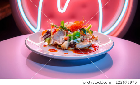 Plate with Pan-Asian food in neon light 122679979