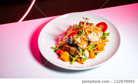 Plate with Pan-Asian food in neon light Plate with Pan-Asian food in neon light 122679993