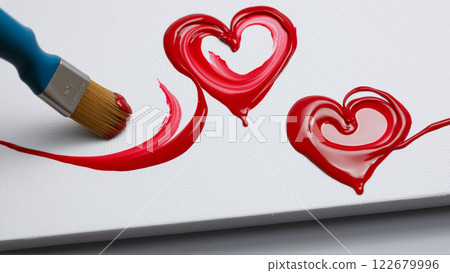 Red hearts painted with red paint on a white background Red hearts painted with red paint on a white background 122679996