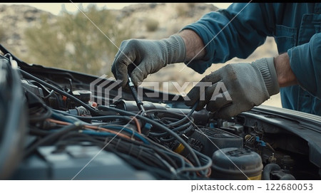 Mechanic repairs car engine in remote location during daylight hours 122680053