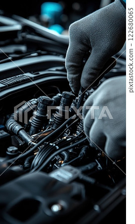Mechanic performs maintenance on automotive engine in repair shop during daytime 122680065