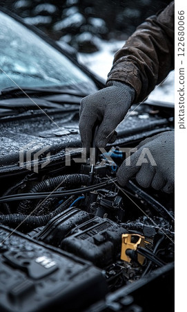Mechanic works on car engine during cold weather in outdoor setting 122680066