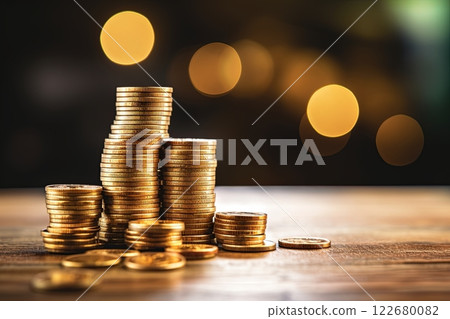 Stack of coins on a desk. Financial, banking, investment concept. Generative Ai 122680082