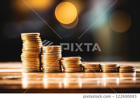 Stack of coins on a desk. Financial, banking, investment concept. Generative Ai 122680083