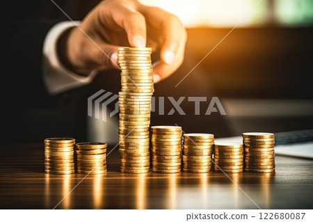 Businessman reaching for the coin stack. Financial, banking, investment concept. Generative Ai 122680087