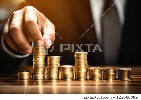 Businessman reaching for the coin stack. Financial, banking, investment concept. Generative Ai 122680089