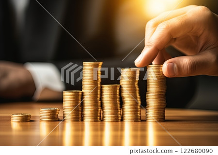 Businessman reaching for the coin stack. Financial, banking, investment concept. Generative Ai 122680090