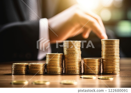 Businessman reaching for the coin stack. Financial, banking, investment concept. Generative Ai 122680091