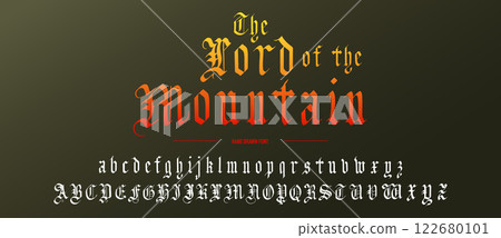 Gothic alphabet. Medieval handwritten typeface in old style made with calligraphy pen. Traditional Gothic alphabet. Medieval handwritten typeface in old style made with calligraphy pen. Traditional 122680101