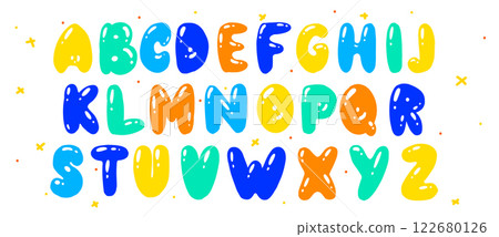 Bubble or balloon font rounded colourful typeface done with brush pen for kids or festival. party 122680126