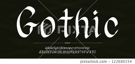 Gothic alphabet. Medieval handwritten typeface in old style made with calligraphy pen. Traditional 122680154