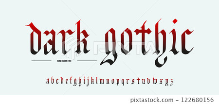 Gothic alphabet. Medieval handwritten typeface in old style made with calligraphy pen. Traditional Gothic alphabet. Medieval handwritten typeface in old style made with calligraphy pen. Traditional 122680156
