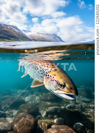Salmon in the rivers of Alaska. Wilderness and wildlife. Generative Ai 122680202