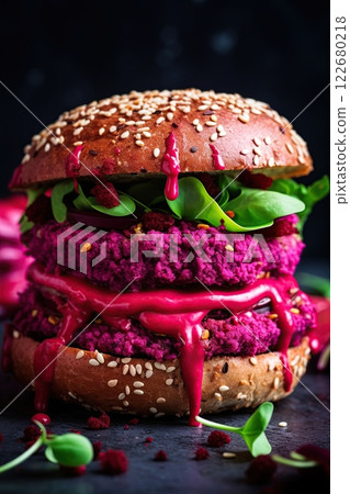 Hamburger made of beetroot. Pink burger. Healthy eating, vegetarian food. Ai Generative 122680218