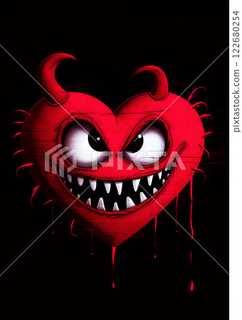 Evil heart emoticon on black background. T shirt design. Generative Ai 122680254