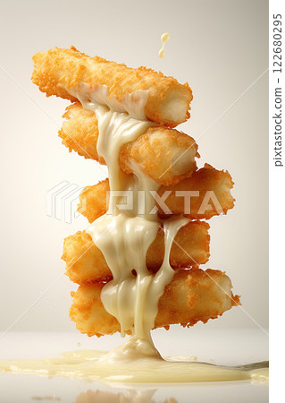 Mozzarella sticks with melting cheese on white background. Generative Ai Mozzarella sticks with melting cheese on white background. Generative Ai 122680295