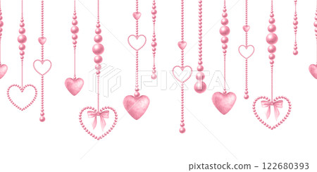 Bead pendants with bows and hearts in pink pastel color. Coquette core, girly style, cutecore. Watercolor hand drawn isolated seamless border of trendy accessories for romantic and wedding design. 122680393