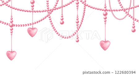 Pink pastel beads, hearts and pendants. Coquette core, girly style, cutecore aesthetic. Watercolor hand drawn isolated seamless border of delicate trendy accessories for romantic card, wedding design. 122680394