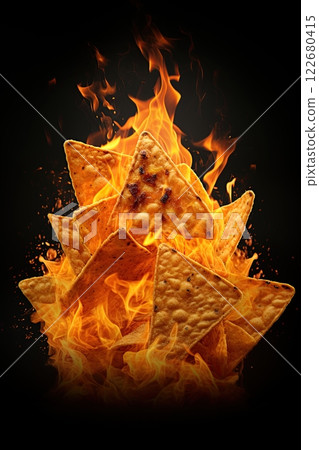 Doritos chips on fire. Hot spicy Mexican traditional snack. Generative Ai 122680415