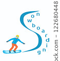 Snowboarder in helmet does tricks, stunts. Snowboarding typography style. Vertical orientation. 122680448