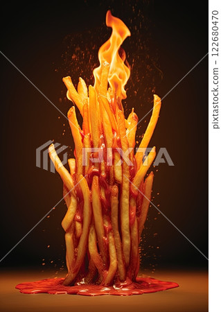 French fries with hot spicy ketchup burning with flames and fire. Chili spiced food. Generative Ai 122680470