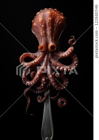 Grilled octopus tentacles on forks isolated on black background. Generative Ai 122680546
