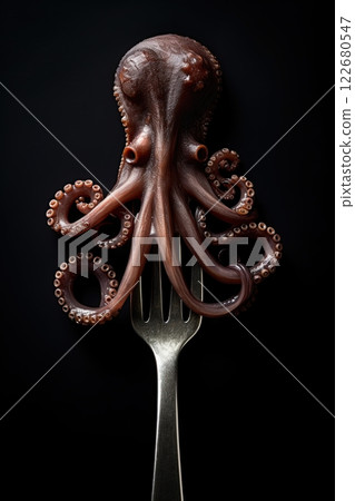 Grilled octopus tentacles on forks isolated on black background. Generative Ai 122680547