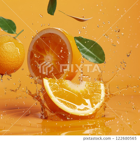 Juicy orange halves are cut and splashing with refreshing juice as bright green leaves fly around them. This lively display captures the essence of fresh fruit in a vibrant setting 122680565