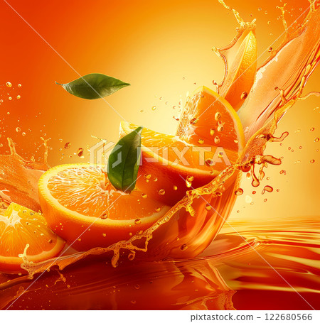 Juicy orange halves are splashing with bright juice while green leaves fly through the air, creating an energetic and vibrant scene filled with freshness Juicy orange halves are splashing with bright juice while green leaves fly through the air, creating an energetic and vibrant scene filled with freshness 122680566