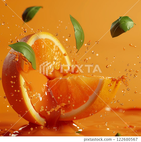 Juice bursts from a freshly cut orange half while green leaves fly through the air, creating a dynamic and vibrant composition against an orange backdrop 122680567