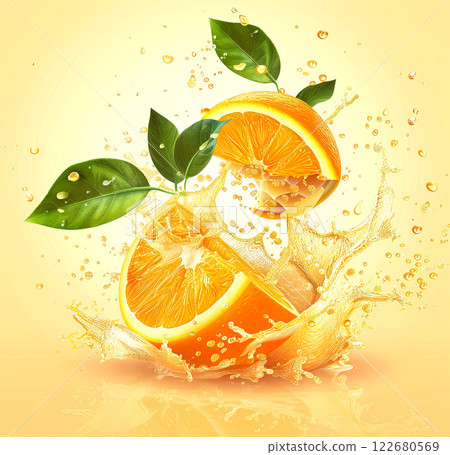 Orange slices are cut in half, releasing fresh juice that splashes dramatically. Green leaves are visible, enhancing the vibrant scene against a bright backdrop Orange slices are cut in half, releasing fresh juice that splashes dramatically. Green leaves are visible, enhancing the vibrant scene against a bright backdrop 122680569