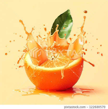 A vibrant orange is sliced in half, causing its juicy pulp to burst and splash out energetically. This scene captures the freshness of the fruit, highlighting its rich color and texture A vibrant orange is sliced in half, causing its juicy pulp to burst and splash out energetically. This scene captures the freshness of the fruit, highlighting its rich color and texture 122680570