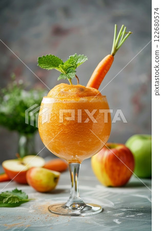 A vibrant carrot and apple smoothie elegantly served in an apple-shaped glass, garnished with a fresh carrot and mint leaf 122680574