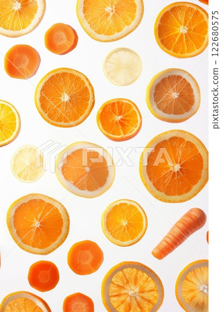 Brightly colored slices of oranges and a carrot are artfully arranged against a clean white background. The vibrant contrast highlights the freshness and appeal of these healthy foods 122680575