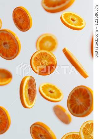 Slices of juicy orange are artfully suspended in air, showcasing their bright color and fresh texture. This arrangement highlights the natural beauty and appeal of citrus fruit Slices of juicy orange are artfully suspended in air, showcasing their bright color and fresh texture. This arrangement highlights the natural beauty and appeal of citrus fruit 122680578