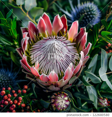 A breathtaking bouquet captivates the eye with its prominent king protea, surrounded by rich foliage and unique blue thistle accents. The colors burst forth, inviting admiration A breathtaking bouquet captivates the eye with its prominent king protea, surrounded by rich foliage and unique blue thistle accents. The colors burst forth, inviting admiration 122680580