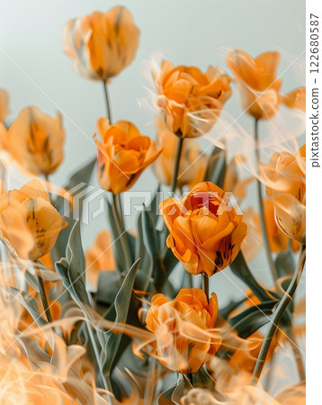 In a serene moment, a cluster of radiant yellow tulips stands tall, their delicate petals unfurling beautifully. This enchanting display captures the essence of spring and joy 122680587