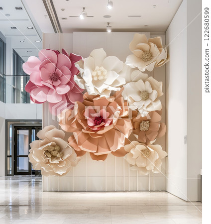 There is a wall adorned with numerous paper flowers beautifully arranged on it There is a wall adorned with numerous paper flowers beautifully arranged on it 122680599