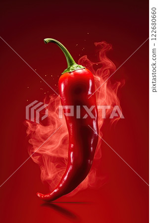 Smoking hot Red chili pepper over red background. Spicy food concept. Generative Ai 122680660