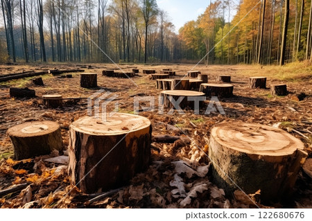 Forest deforestation. Cut trees for lumber and timber. Industry concept. Generative Ai Forest deforestation. Cut trees for lumber and timber. Industry concept. Generative Ai 122680676