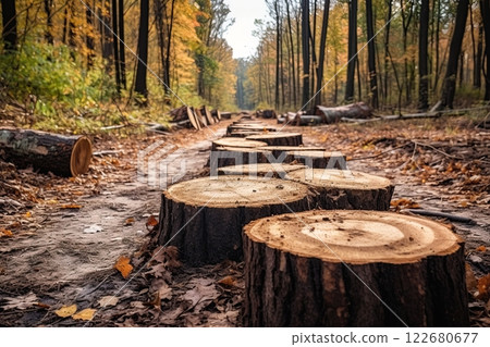Forest deforestation. Cut trees for lumber and timber. Industry concept. Generative Ai 122680677
